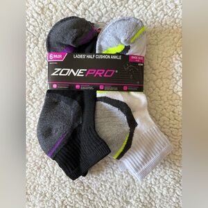 Zone Pro Ladies Half Cushion Ankle Socks 6 Pair Size 4-10 New with Tags